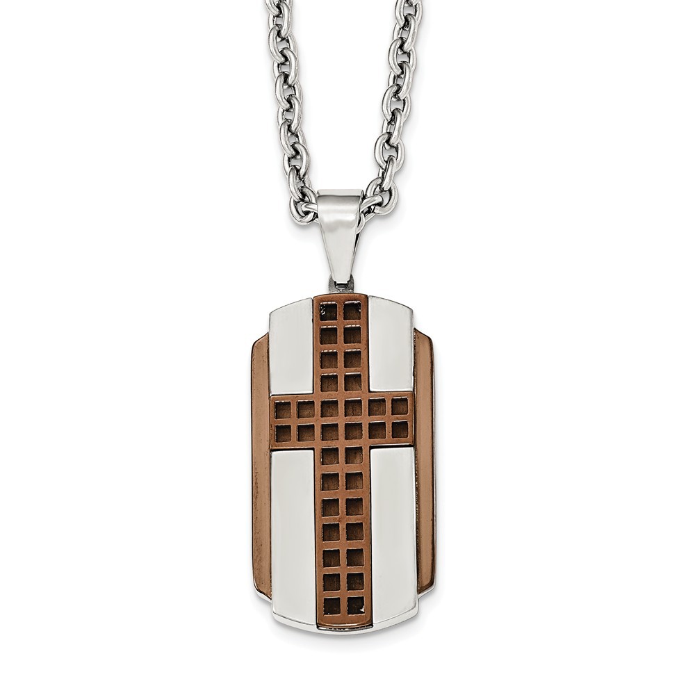Stainless Steel Brown IP Plated Cross Necklace 56x35mm 24 Inches 
