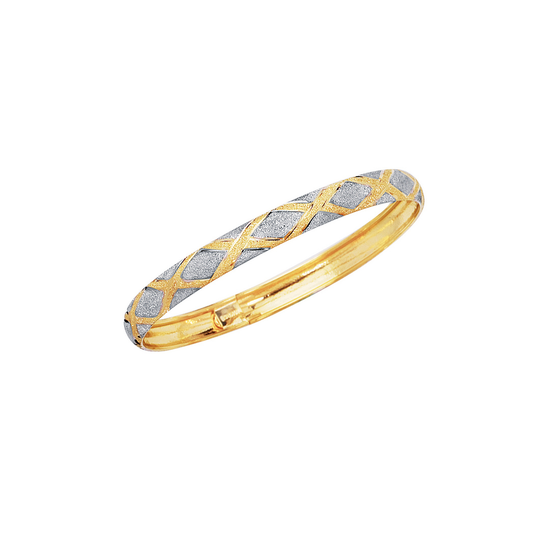
10k Yellow White Gold 6.0mm Shiny Textured Flex Bangle Bracelet With White Diamond Shape Pattern

