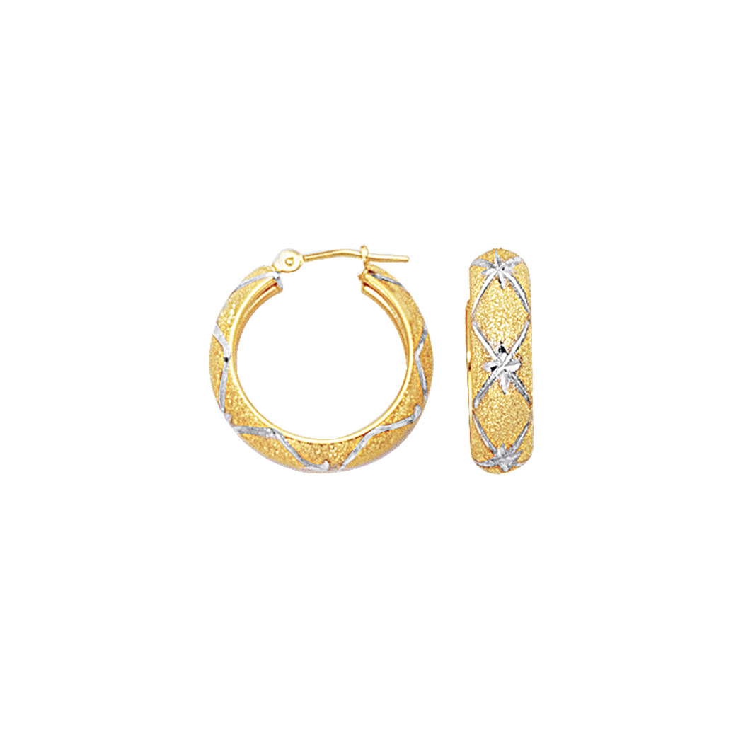 
10k Yellow White Gold 6.0mm Shiny Sparkle-Cut Textured Hoop Earrings Diamond Pattern Hinged Clasp
