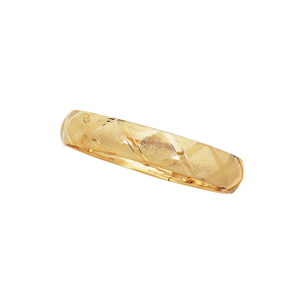
10k Yellow Gold 12.0mm Shiny Textured High Dome Flex Bangle Bracelet With Diamond Pattern
