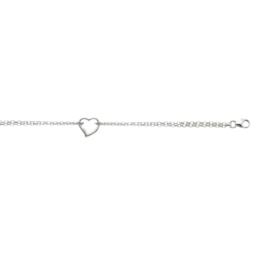 
14k White Gold Double Strand Cable Chain Anklet Station Open Drop Heart Charm - 10 Inch
