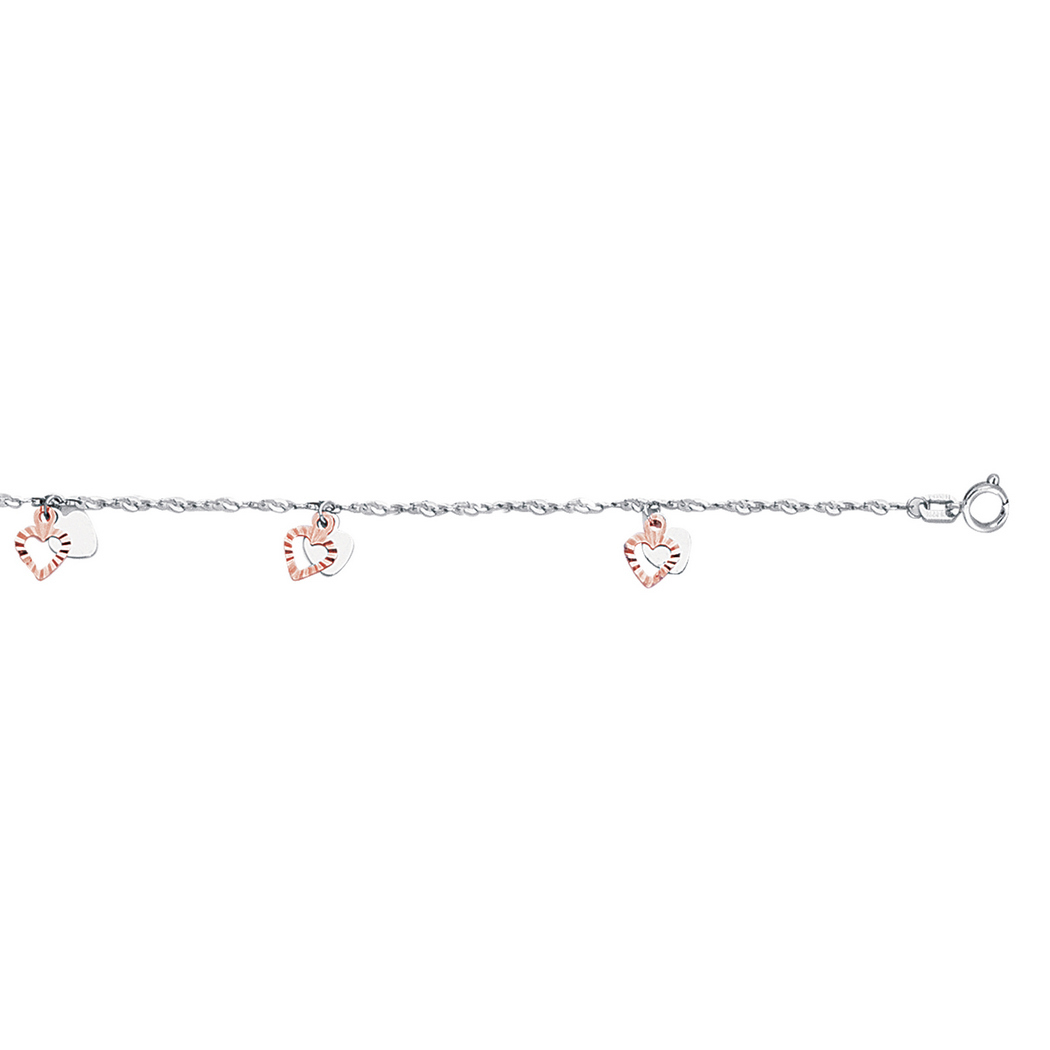 
14k White Rose Gold Shiny Sparkle-Cut Chain Dangle Heart Anklet With Spring Ring Clasp - 10 Inch
