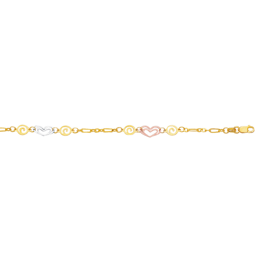 
14k Yellow White Rose Gold Shiny Fancy Tri-color Anklet Heart Swirl With Lobster Clasp - 10 Inch
