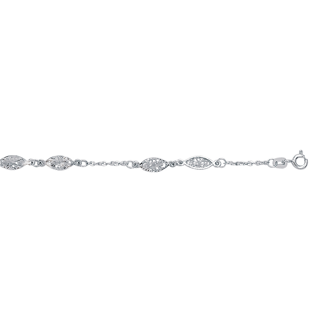 
14k White Gold 10 Inch Shiny Textured Filigree Fancy Anklet With Spring Ring Clasp
