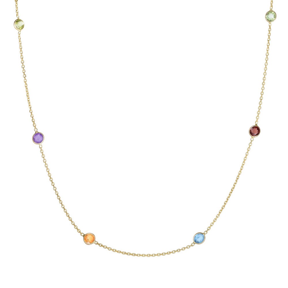
14k Yellow Gold Cable Chain Necklace Spring Ring Clasp Multi Color Faceted Station Stone - 18 Inch
