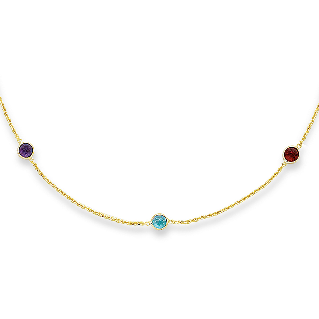 
14k Yellow Gold Cable Chain Necklace Spring Ring Clasp Multi Color Faceted Station Stone - 16 Inch
