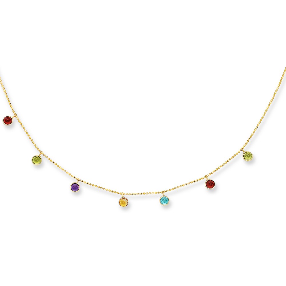 
14k Yellow Gold Cable Chain Necklace Spring Ring Clasp Multi Color Faceted Dangle Stone - 16 Inch
