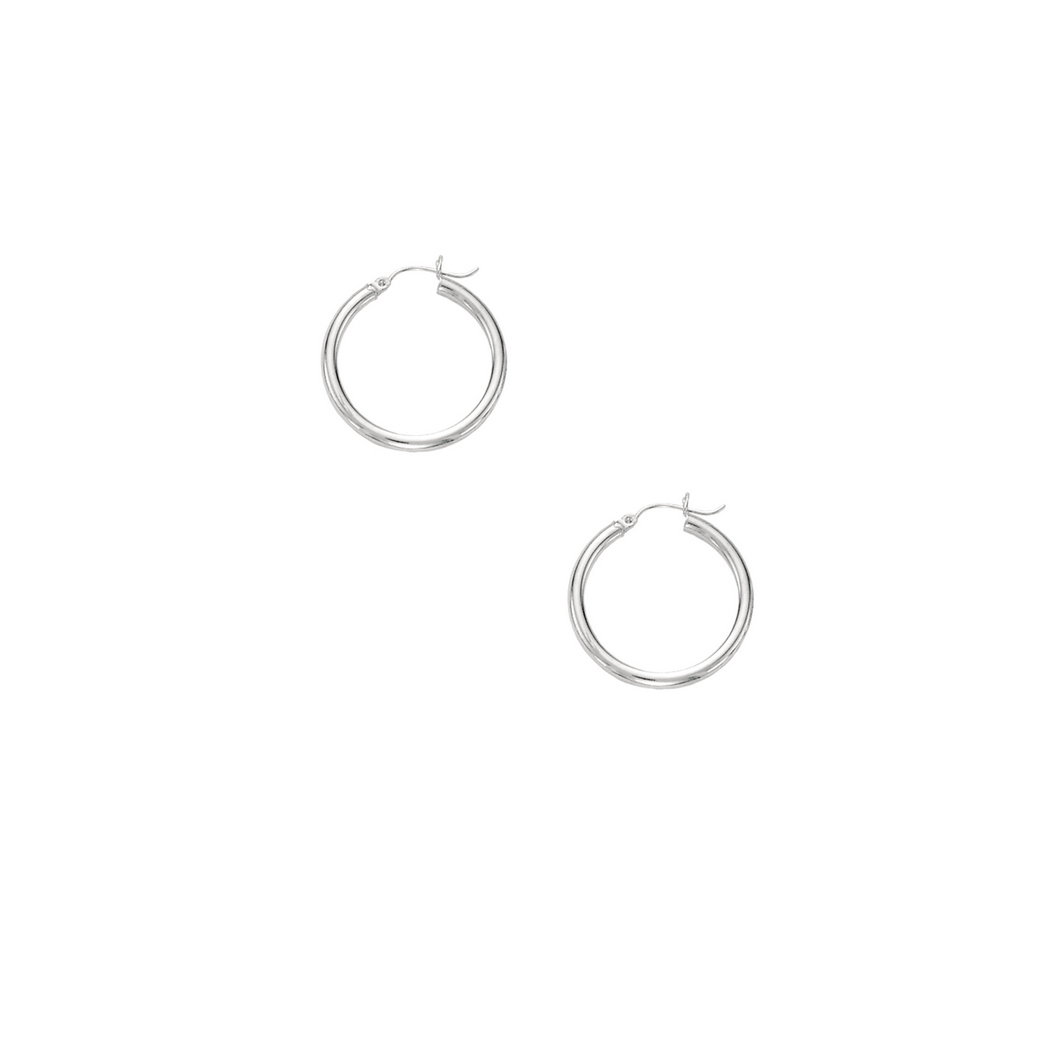 
14k White Gold 3x25mm Shiny Round Tube Hoop Fancy Earrings With Hinged Clasp
