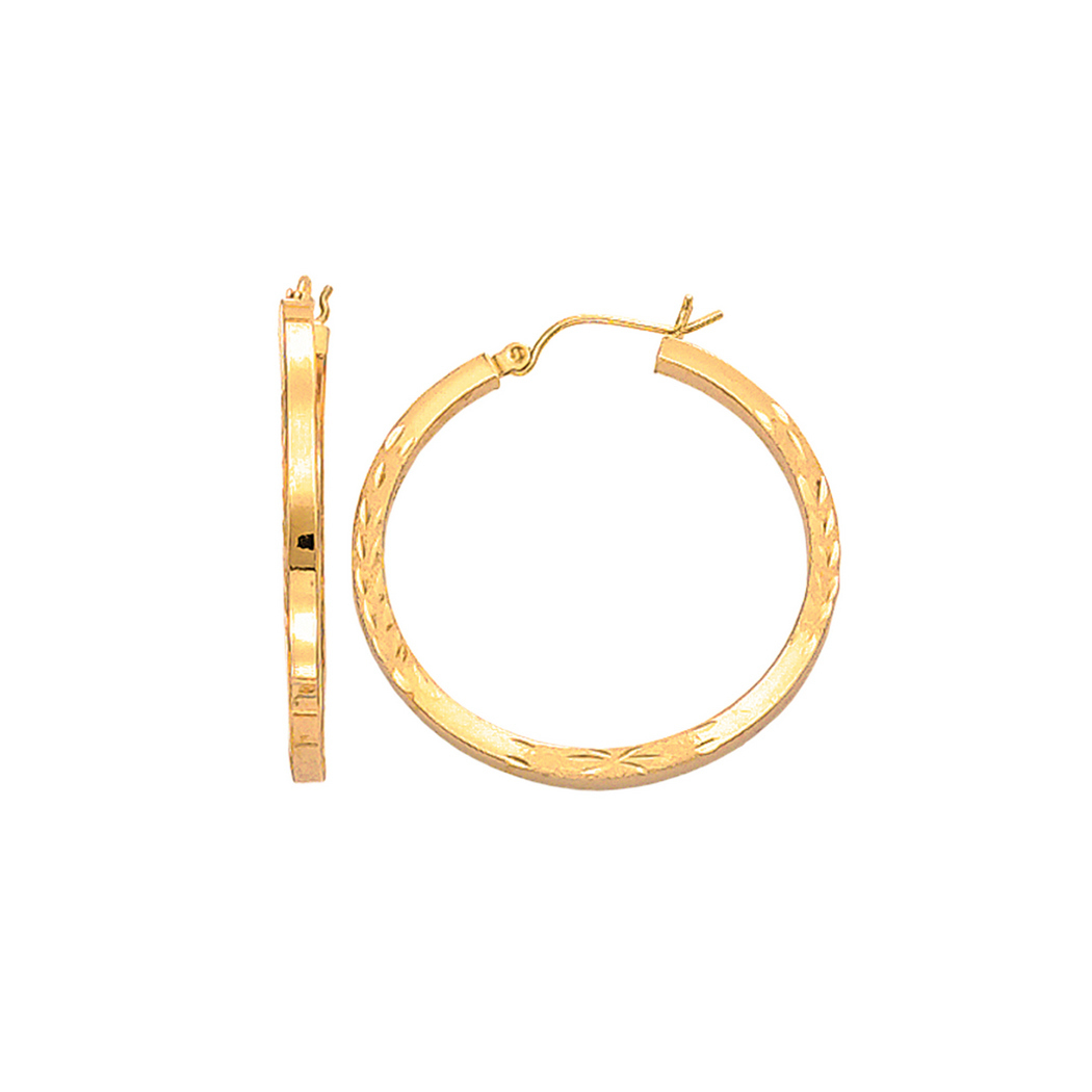 
14k Yellow Gold Fancy Sparkle-Cut Square Tube Round Hoop Earrings With Hinged Clasp

