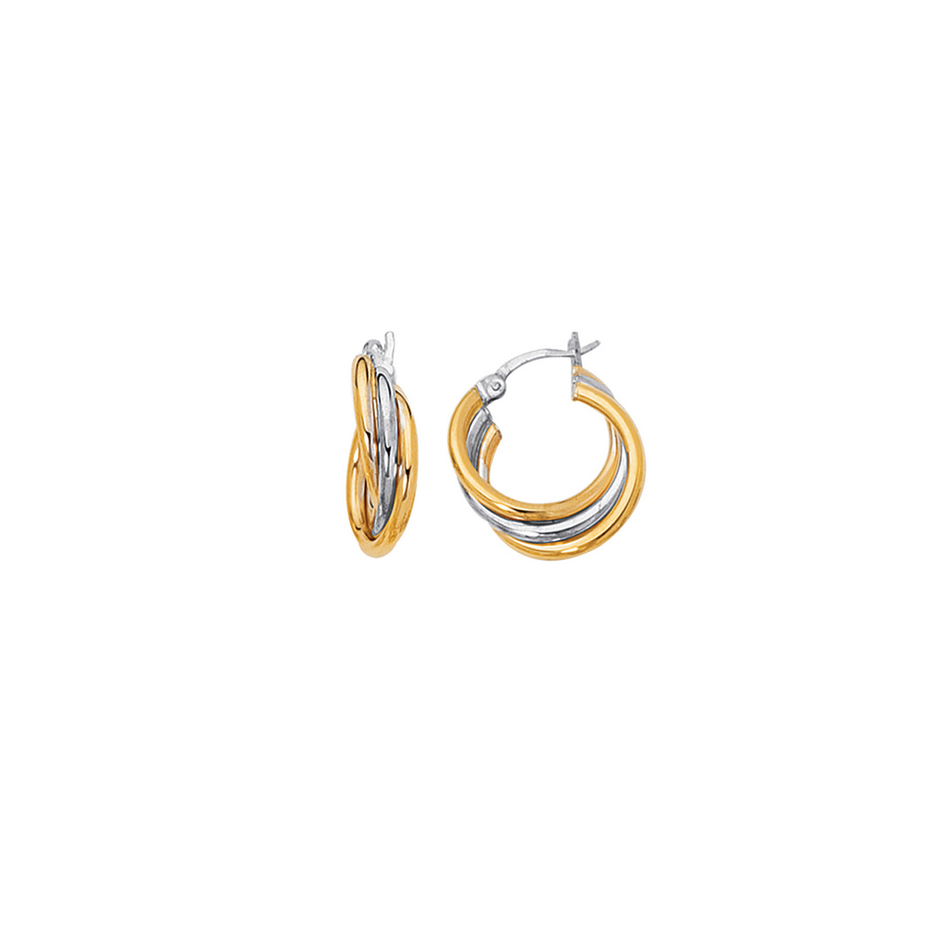 
14k Yellow White Gold Shiny Two-tone Triple Row Hoop Earrings With Hinged Clasp
