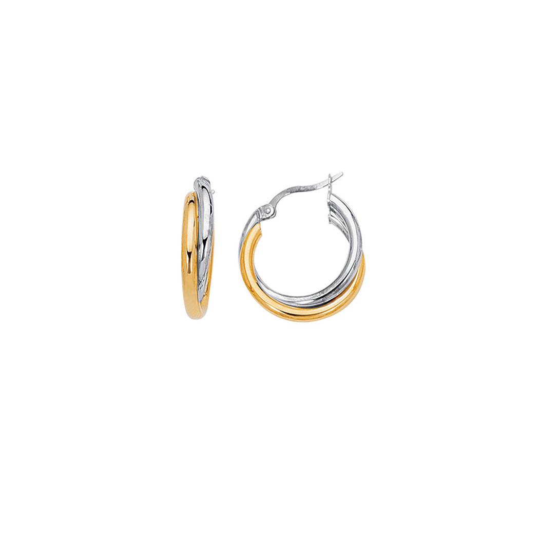 
14k Yellow White Gold Shiny Two-tone Double Hoop Earrings With Hinged Clasp
