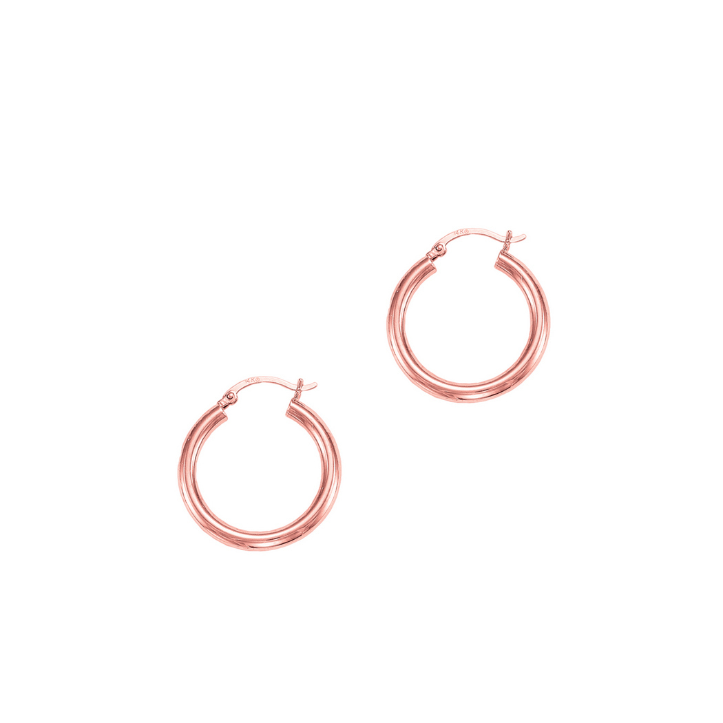 
14k Rose Gold 3x25mm Shiny Round Tube Hoop Earrings With Hinged Clasp
