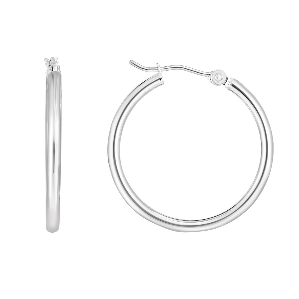 
14k White Gold Shiny 2x25mm Round Tube Hoop Earrings With Hinged Clasp
