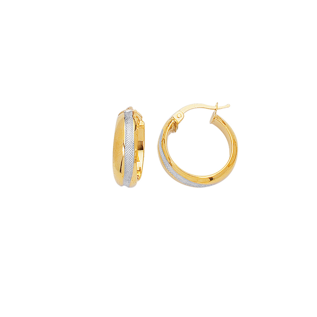 
14k Yellow White Gold Shiny Textured Two-tone Round Hoop Earrings With Hinged Clasp
