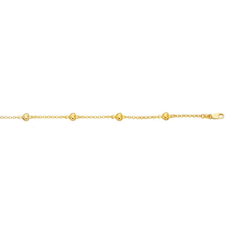 
14k Yellow Gold Shiny Rolo Chain Link Puffed Heart Bracelet With Lobster Clasp - 6 Inch
