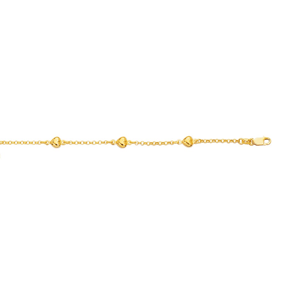 
14k Yellow Gold Shiny Rolo Chain Link Puffed Heart Bracelet With Lobster Clasp - 7 Inch

