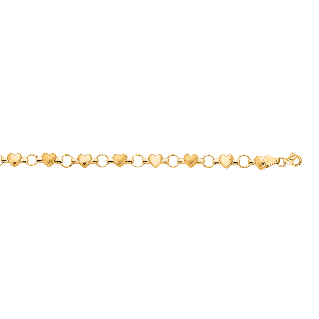 
14k Yellow Gold Rolo and Heart Shaped Childrens Bracelet - 6 Inch
