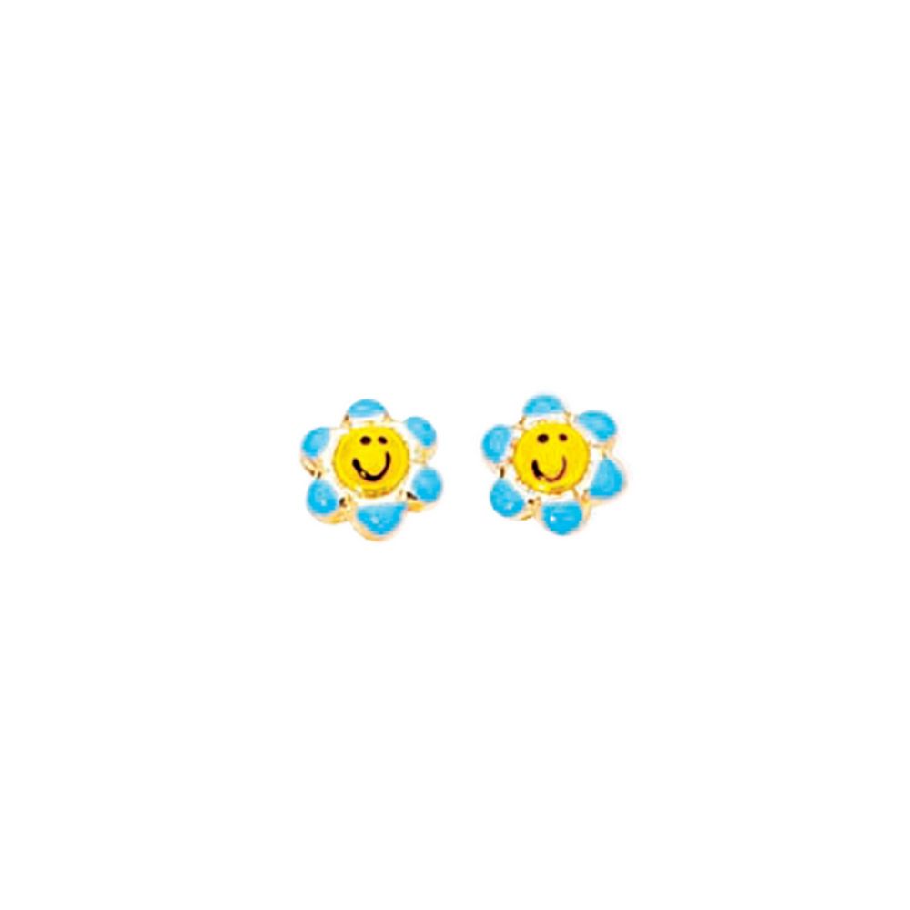 
14k Yellow Gold Shiny Small Yellow Blue Flower Post Earrings With Happy Face
