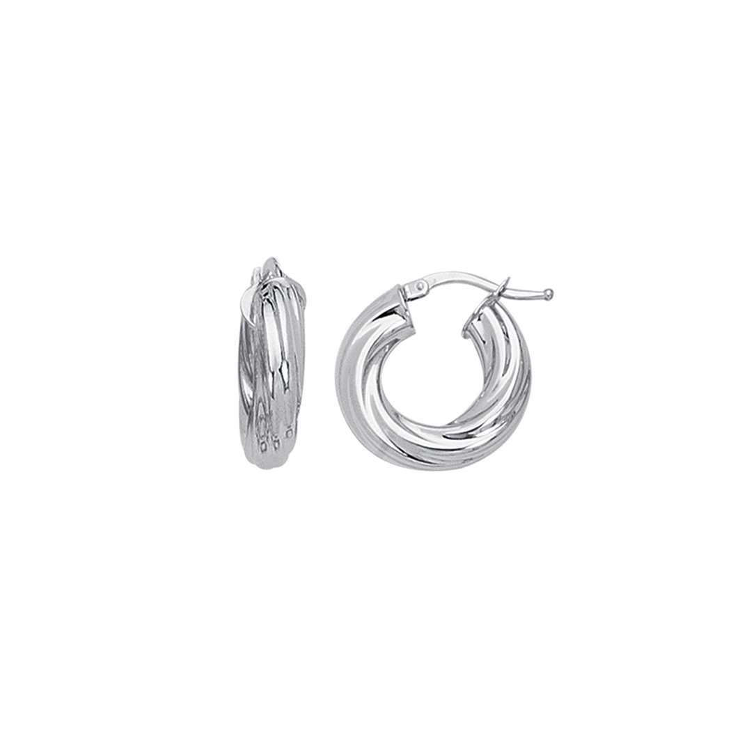 
14k White Gold Shiny Small Twisted Hoop Earrings With Hinged Clasp
