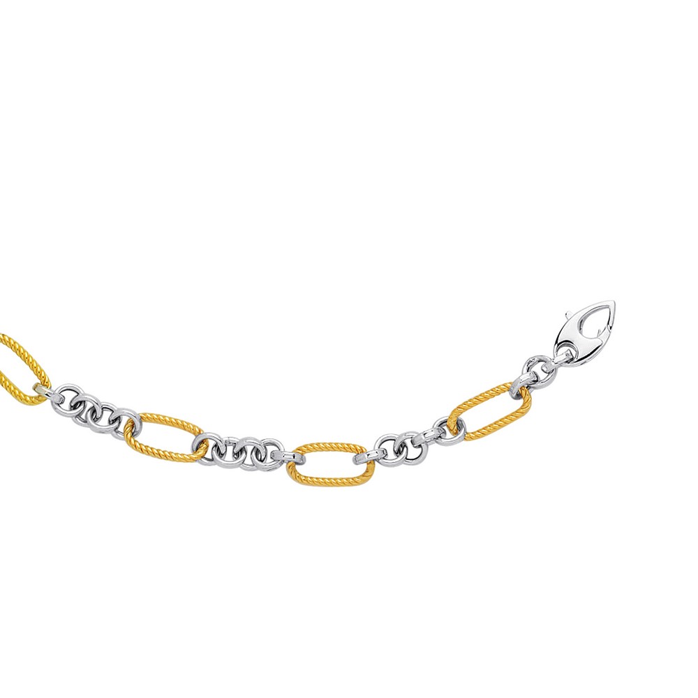 
14k 7.5 Inch Yellow White Gold Shiny Textured Euro Link Two-tone Fancy Bracelet With Fish Clasp
