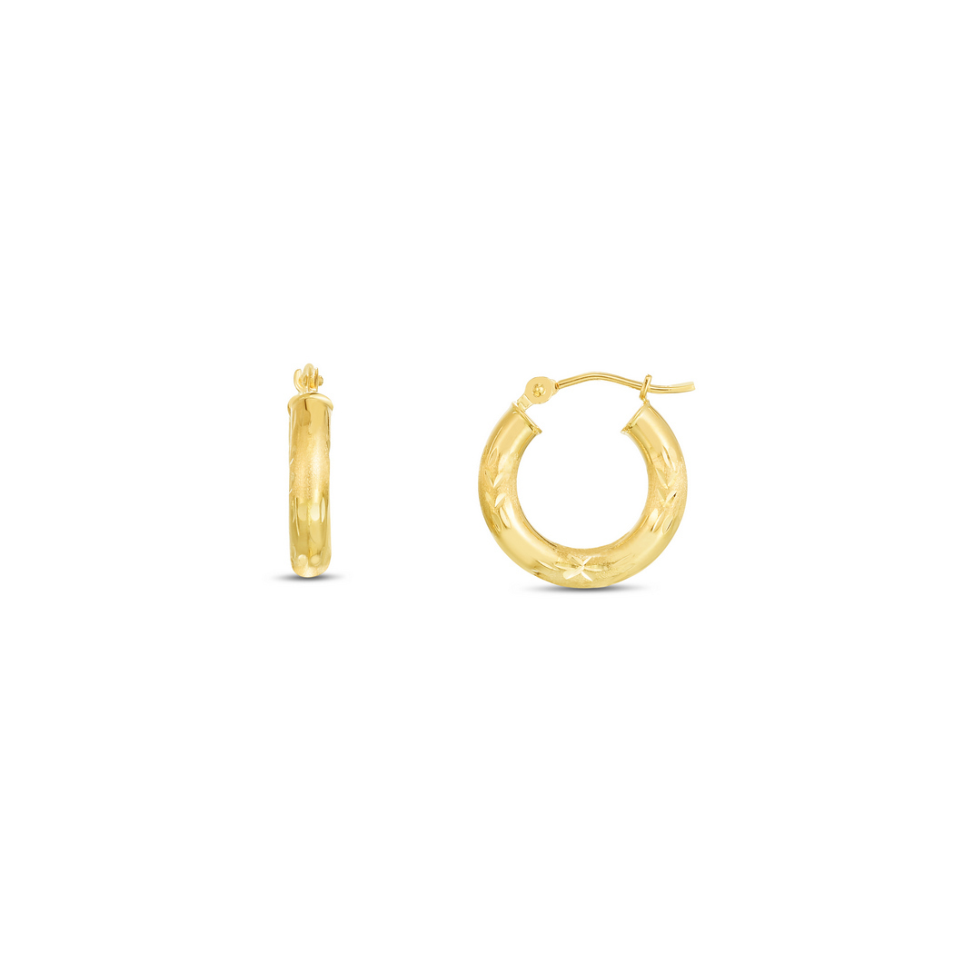 
14k Yellow Gold 3x15mm Shiny Sparkle-Cut Round Tube Hoop Earrings With Hinged Clasp
