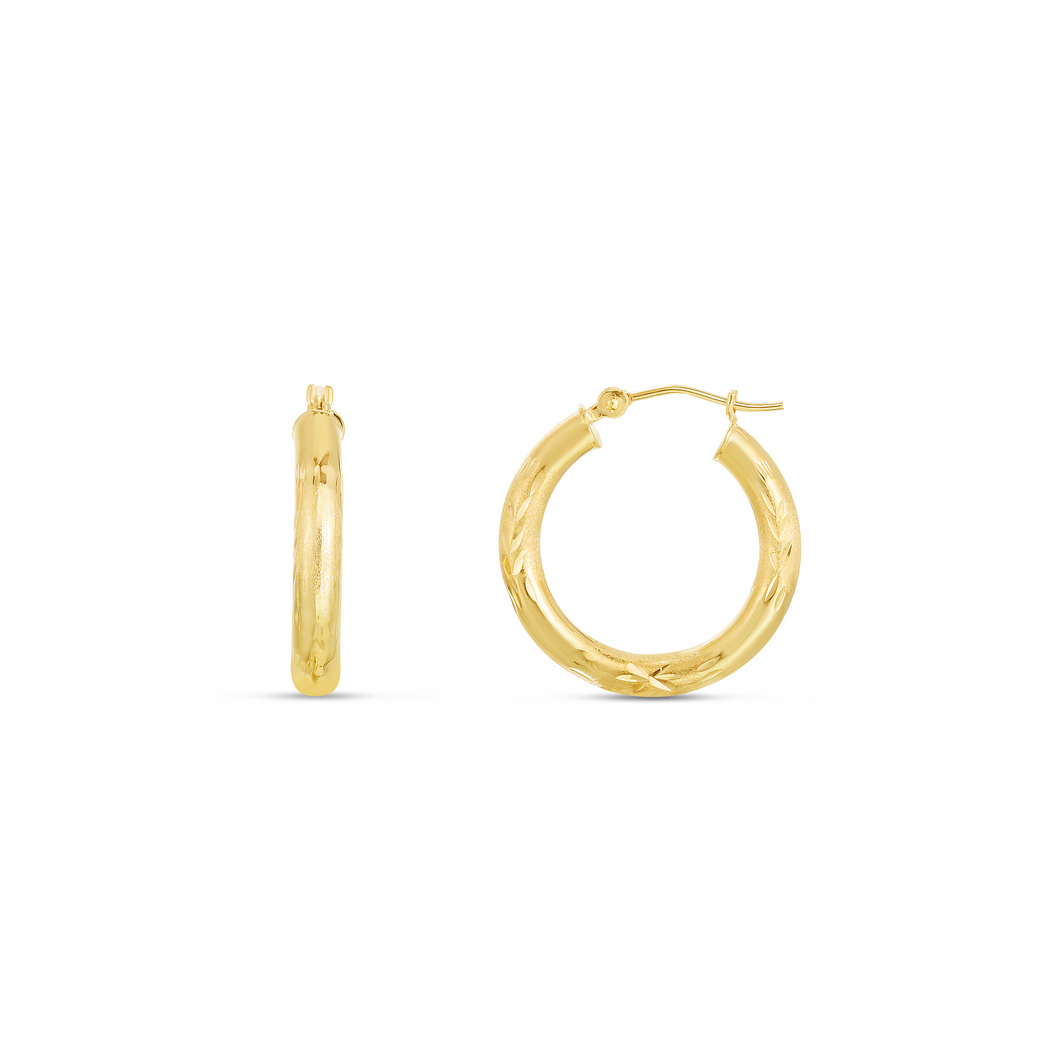 
14k Yellow Gold 3x20mm Shiny Sparkle-Cut Round Tube Hoop Earrings With Hinged Clasp
