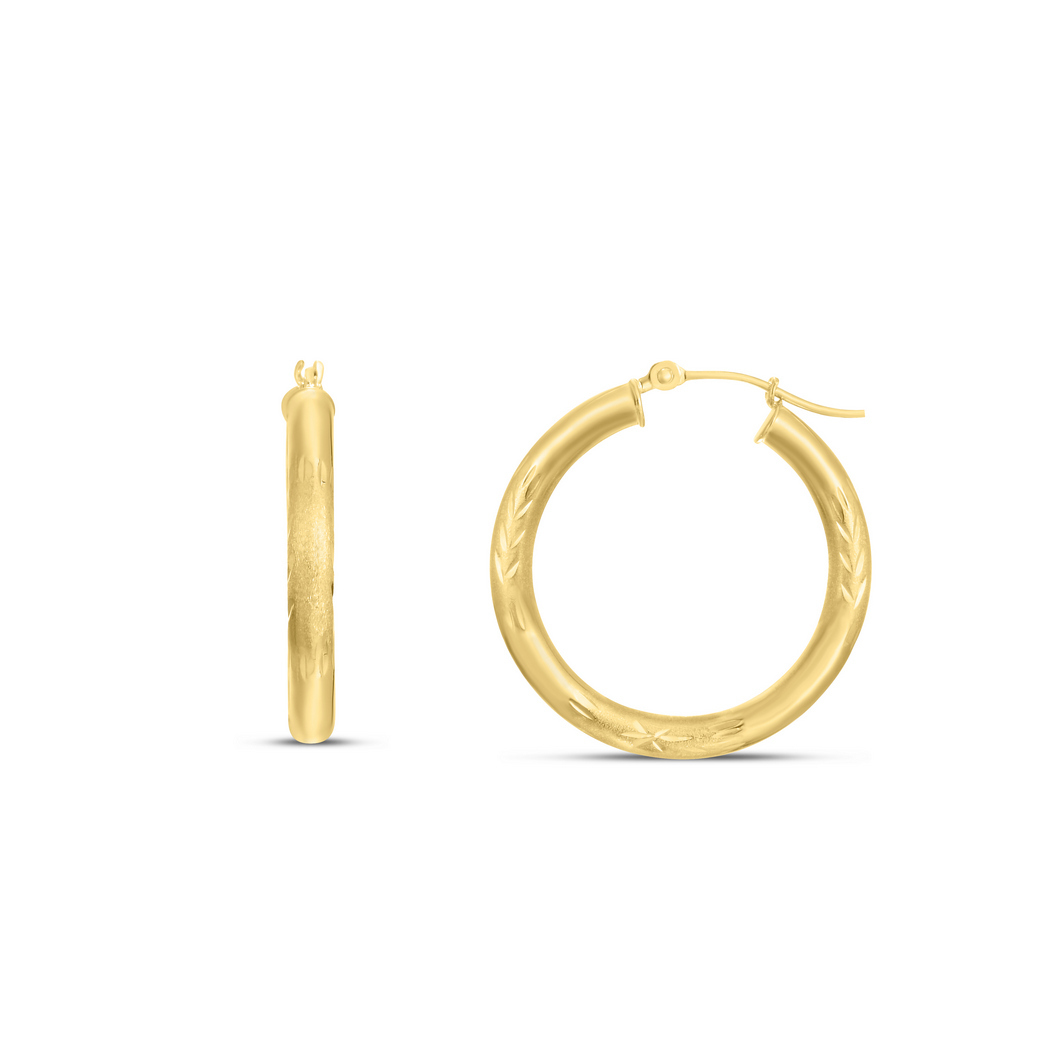 
14k Yellow Gold 3x25mm Shiny Sparkle-Cut Round Tube Hoop Earrings With Hinged Clasp
