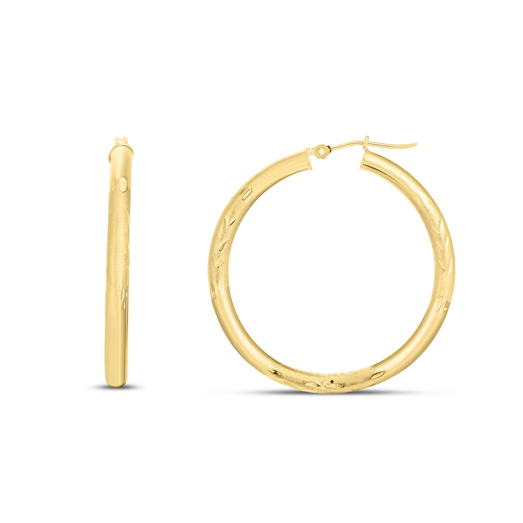 
14k Yellow Gold 3x35mm Shiny Sparkle-Cut Round Tube Hoop Earrings With Hinged Clasp
