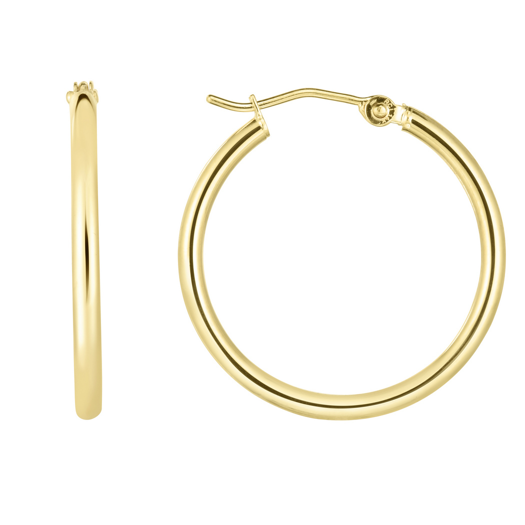 
14k Yellow Gold 2x25mm Shiny Round Tube Hoop Fancy Earrings With Hinged Clasp
