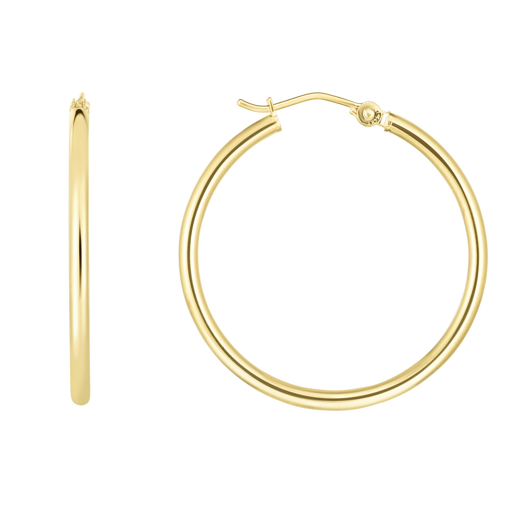 
14k Yellow Gold 2x30mm Shiny Round Tube Hoop Fancy Earrings With Hinged Clasp
