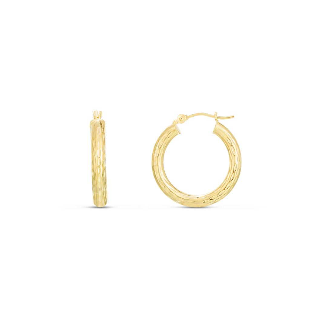 
14k Yellow Gold 3x20mm Shiny Sparkle-Cut Round Tube Design Hoop Earrings With Hinged Clasp
