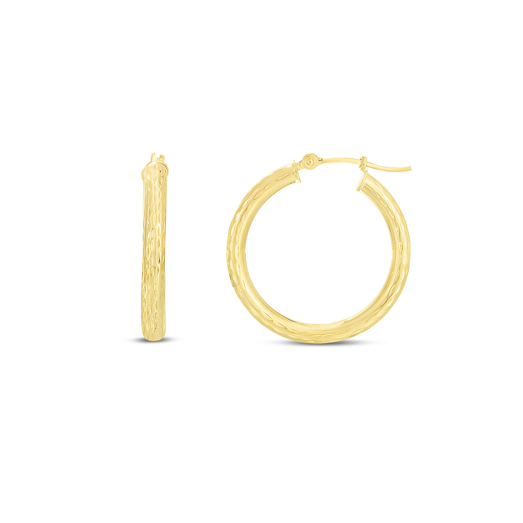 
14k Yellow Gold 3x25mm Shiny Sparkle-Cut Round Tube Design Hoop Earrings With Hinged Clasp

