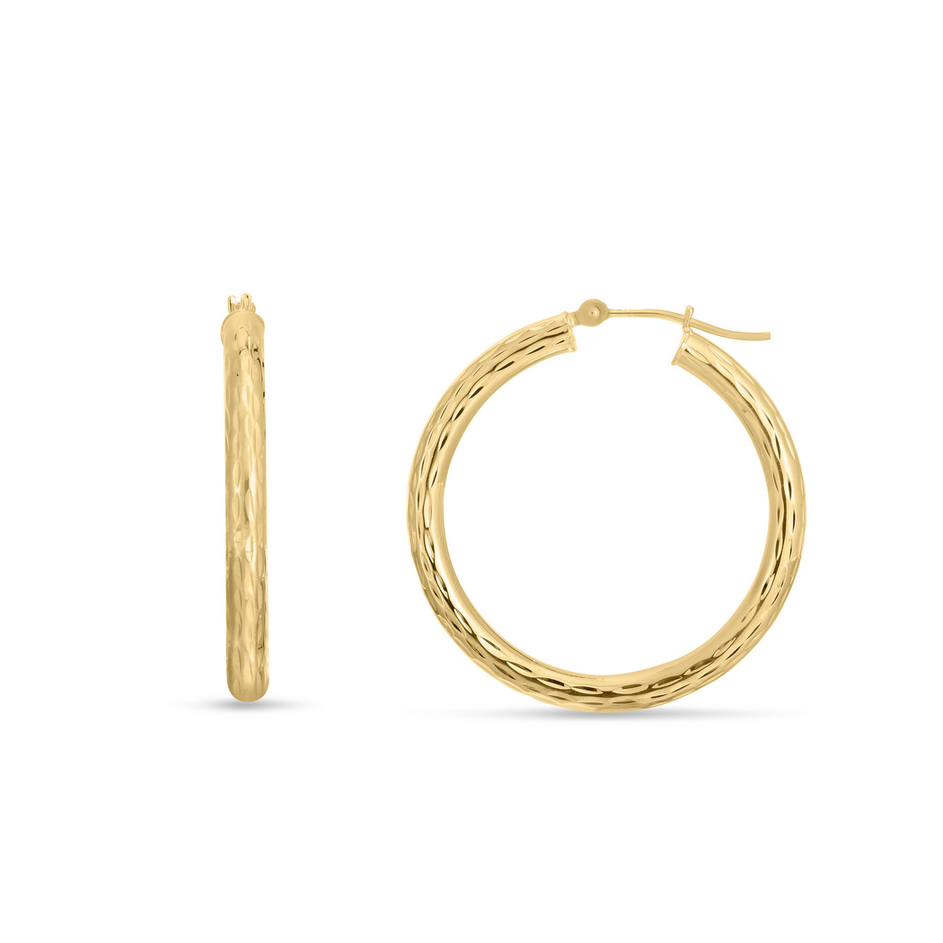 
14k Yellow Gold 3x30mm Shiny Sparkle-Cut Round Tube Design Hoop Earrings With Hinged Clasp

