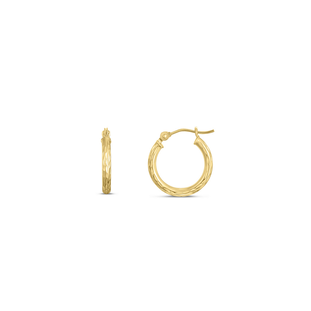 
14k Yellow Gold 2x15mm Shiny Sparkle-Cut Round Tube Design Hoop Earrings With Hinged Clasp
