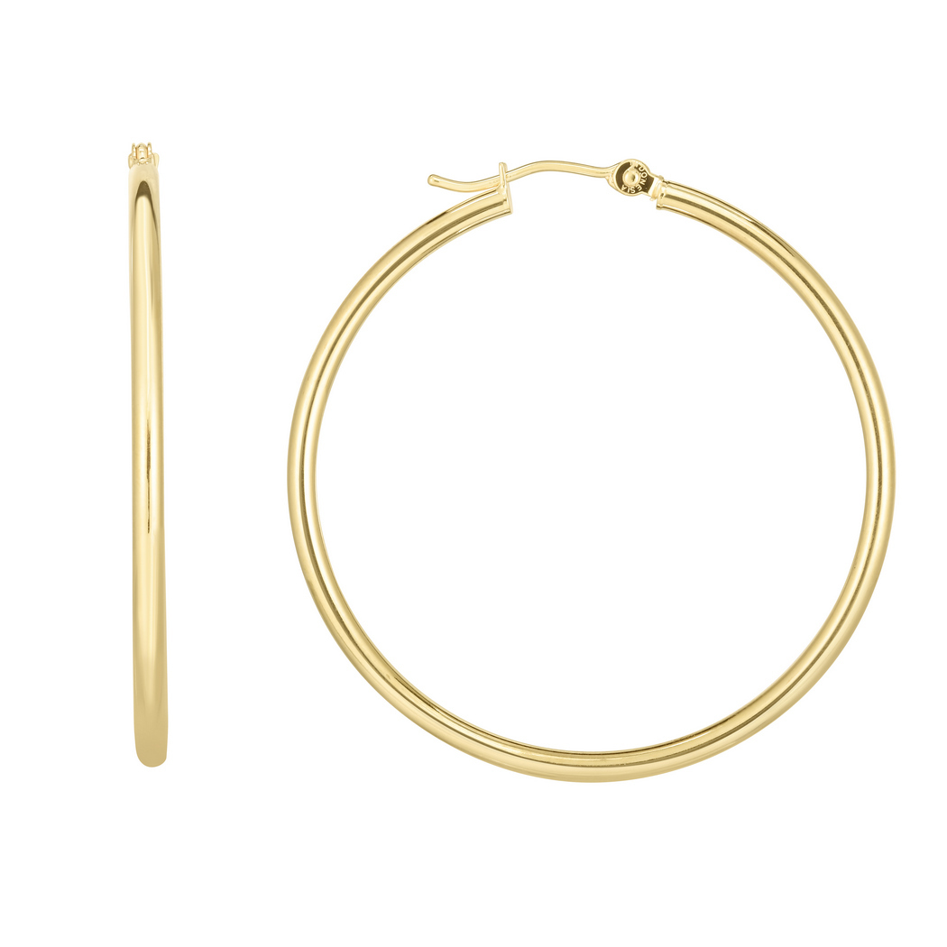 
14k Yellow Gold 2x40mm Shiny Round Tube Hoop Fancy Earrings With Hinged Clasp
