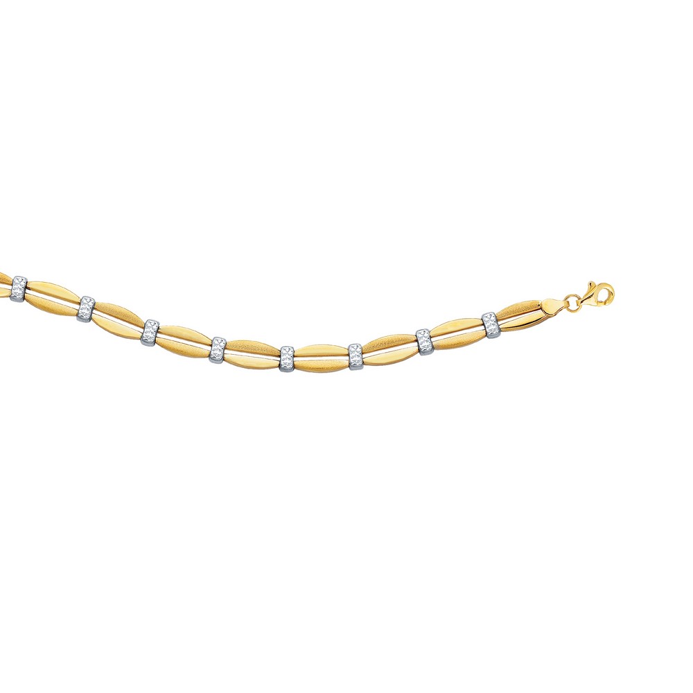 
14k Yellow White Gold Shiny Textured Diam-cut Double Bar Bracelet Pear Shape Clasp. - 7.25 Inch

