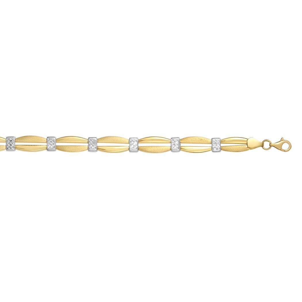 
14k Yellow White Gold Shiny Textured Diam-cut Fancy Double Bar Bracelet Pear Shape Clasp. - 8 Inch
