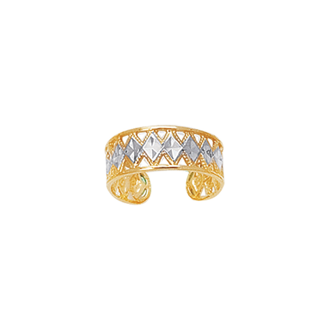 
14k Yellow White Gold Shiny Sparkle-Cut Two-tone Cuff Type Toe Ring With Diamond Pattern
