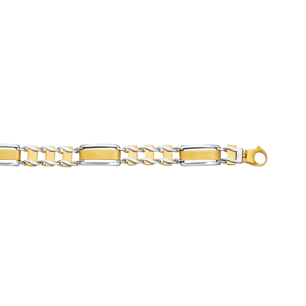
14k Yellow White Gold Shiny Railroad Type Mens Bracelet With Fancy Lobster Clasp - 8.5 Inch
