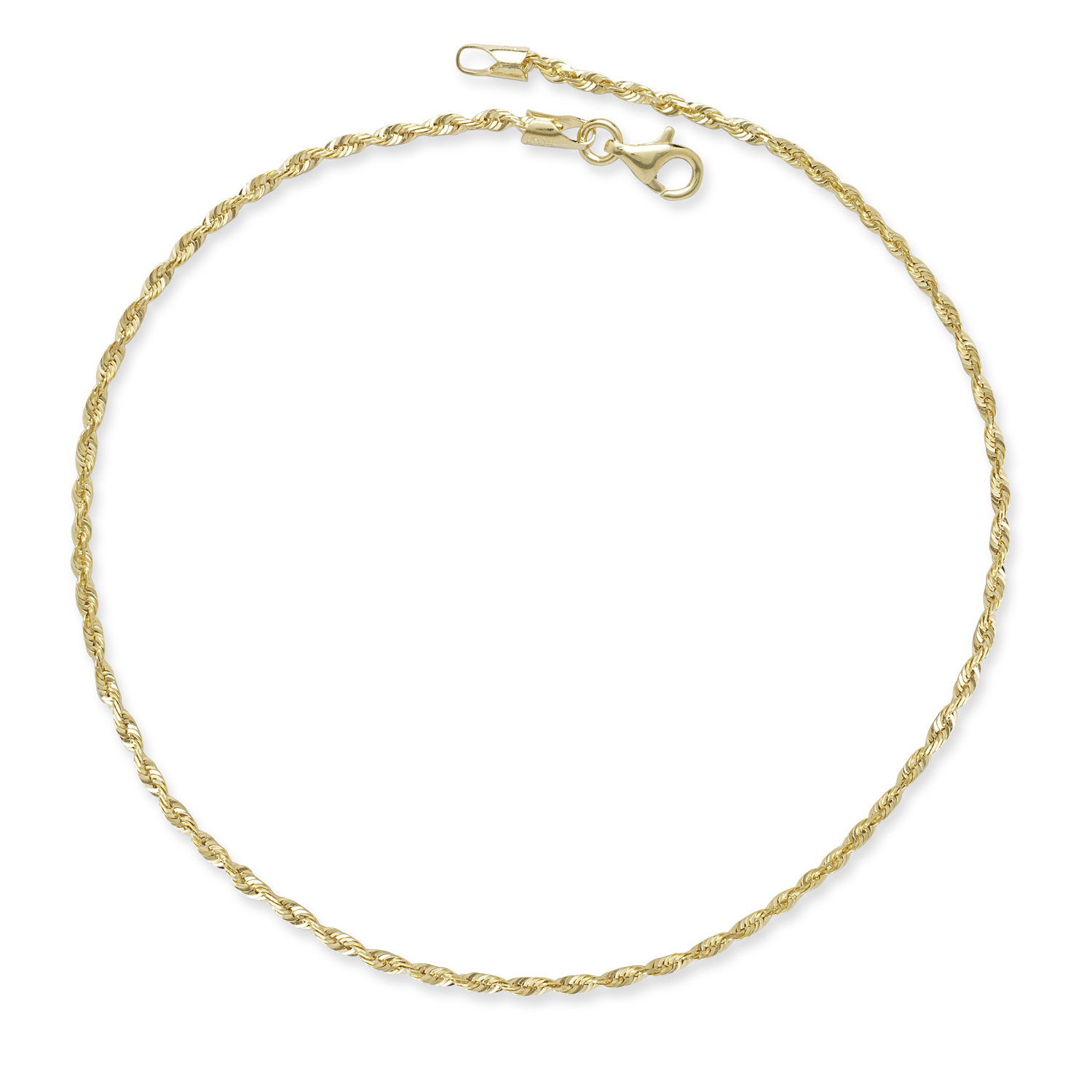 
14k Yellow Gold 2.0mm Shiny Solid Sparkle-Cut Rope Chain With Lobster Clasp Anklet - 10 Inch
