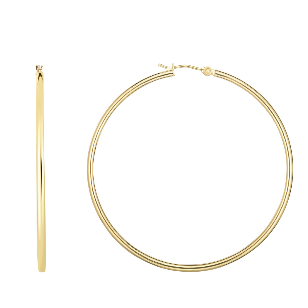 
14k Yellow Gold Shiny 2.0x55mm Round Tube Hoop Earrings With Hinged Clasp
