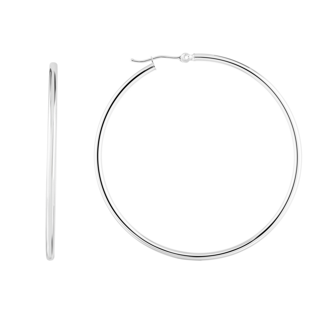 
14k White Gold Shiny 2.0x50mm Round Tube Hoop Earrings With Hinged Clasp
