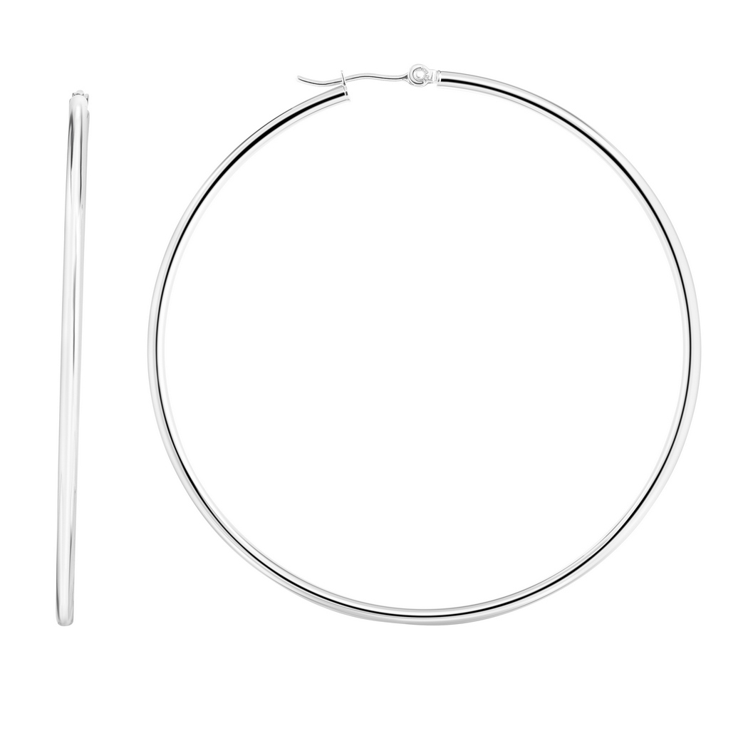
14k White Gold Shiny 2.0x60mm Round Tube Hoop Earrings With Hinged Clasp
