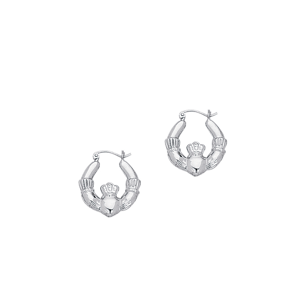 
14k White Gold Shiny Claddagh Symbolic Hoop Earrings With Hinged Clasp
