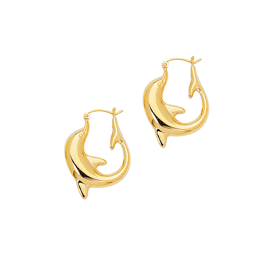 
14k Yellow Gold Shiny Large Dolphin Symbolic Hoop Earrings With Hinged Clasp
