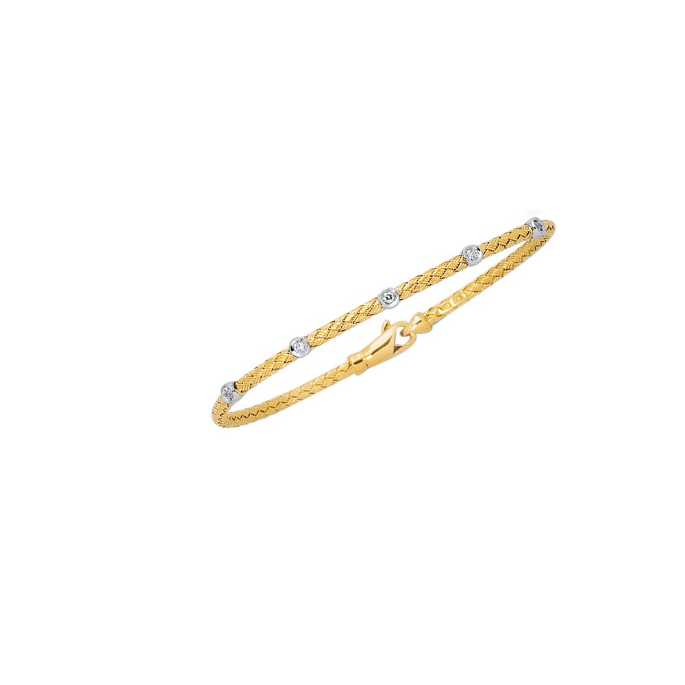 
14k Yellow White Gold Round Basket Weaved Bangle Bracelet Lobster Clasp Barrel 0.14ct White Diamond
