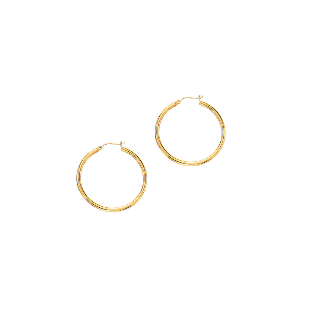 
14k Yellow Gold 3.0x40mm Round Tube Shiny Hoop Earrings With Hinged Clasp
