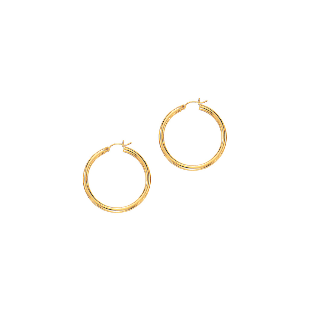 
14k Yellow Gold 3.0x30mm Round Tube Shiny Hoop Earrings With Hinged Clasp
