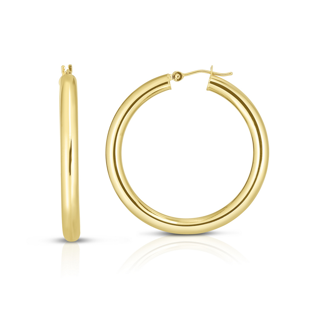 
14k Yellow Gold 4.0x40mm Round Tube Shiny Hoop Earrings With Hinged Clasp
