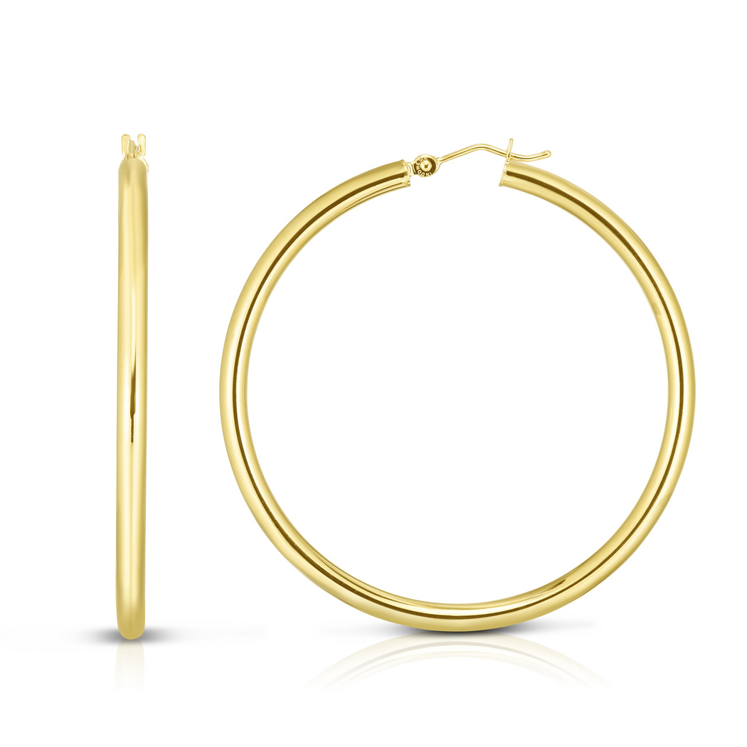 
14k Yellow Gold 3.0x50mm Round Tube Shiny Hoop Earrings With Hinged Clasp
